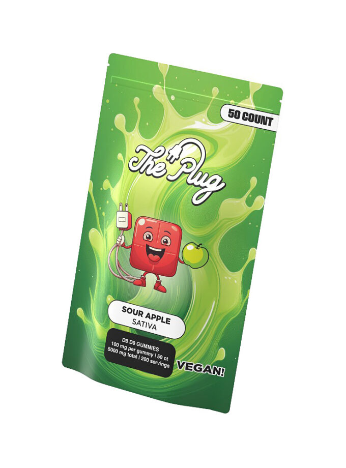CBD Pharm The Plug D8 D9 Vegan Gummies Sour Apple Sativa 50 Count