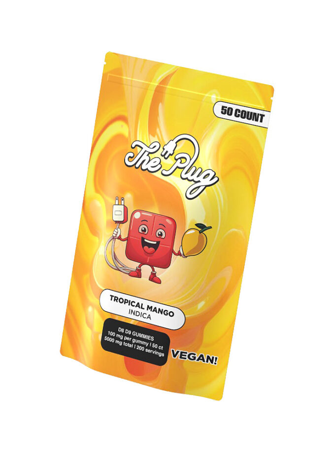 CBD Pharm The Plug D8 D9 Vegan Gummies Tropical Mango Indica 50 Count